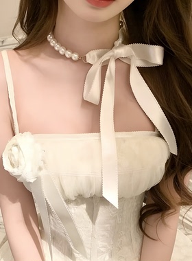 法式芭蕾风蝴蝶结丝带仿珍珠项链