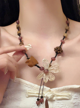 民族风木质花朵编织项链女