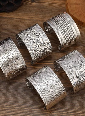 复古民族风苗银宽版手镯