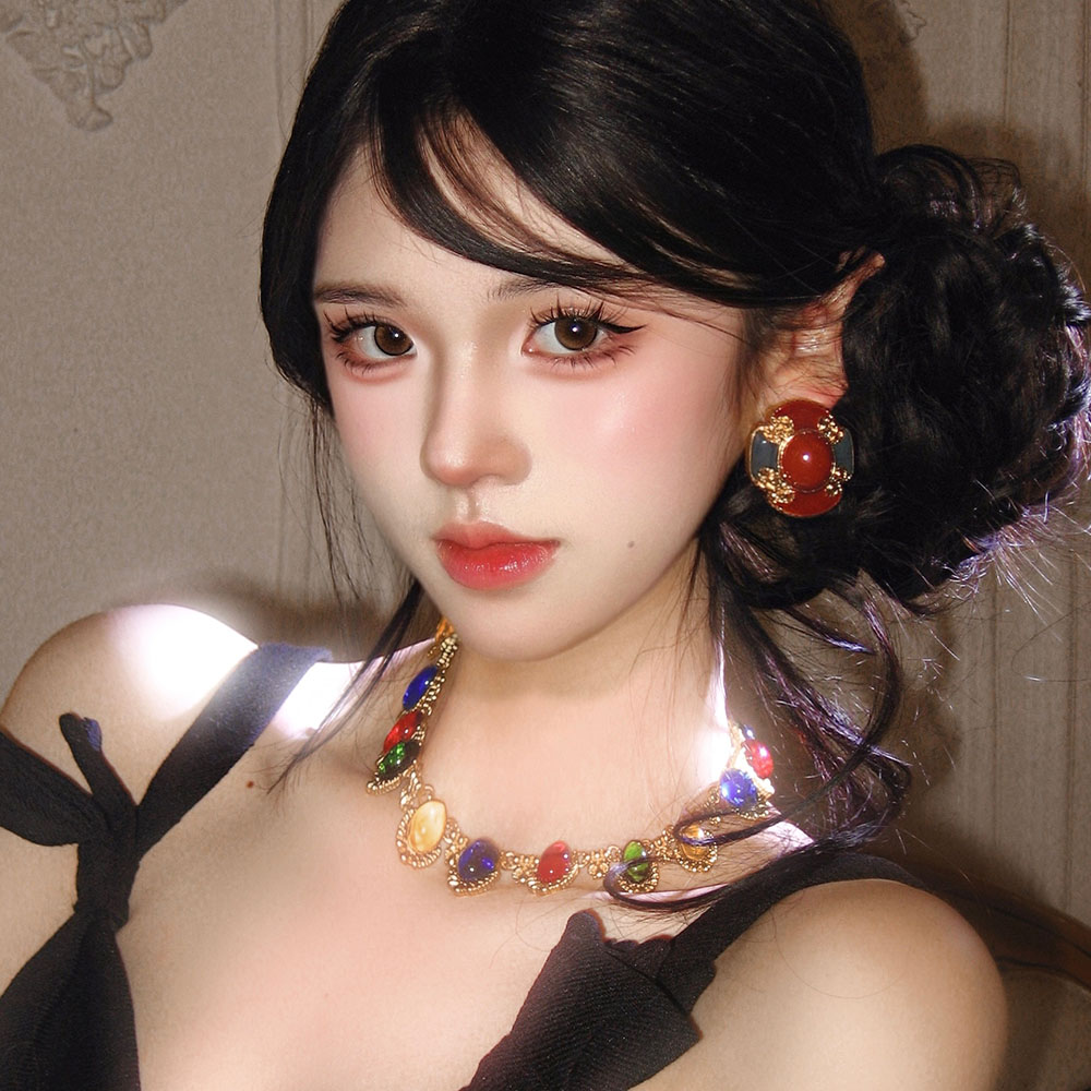 宫廷风中古花朵圆形项链耳钉复古轻奢高级感耳环小众设计耳饰