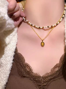 小众设计猫眼石米珠双层项链女