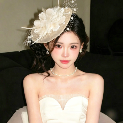 留洋千金风米白色网纱小礼帽发夹头饰女法式复古生日拍照帽子发饰