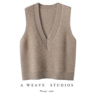 100纯羊毛大v领针织马甲背心女秋冬新款宽松加厚毛衣坎肩叠穿外搭