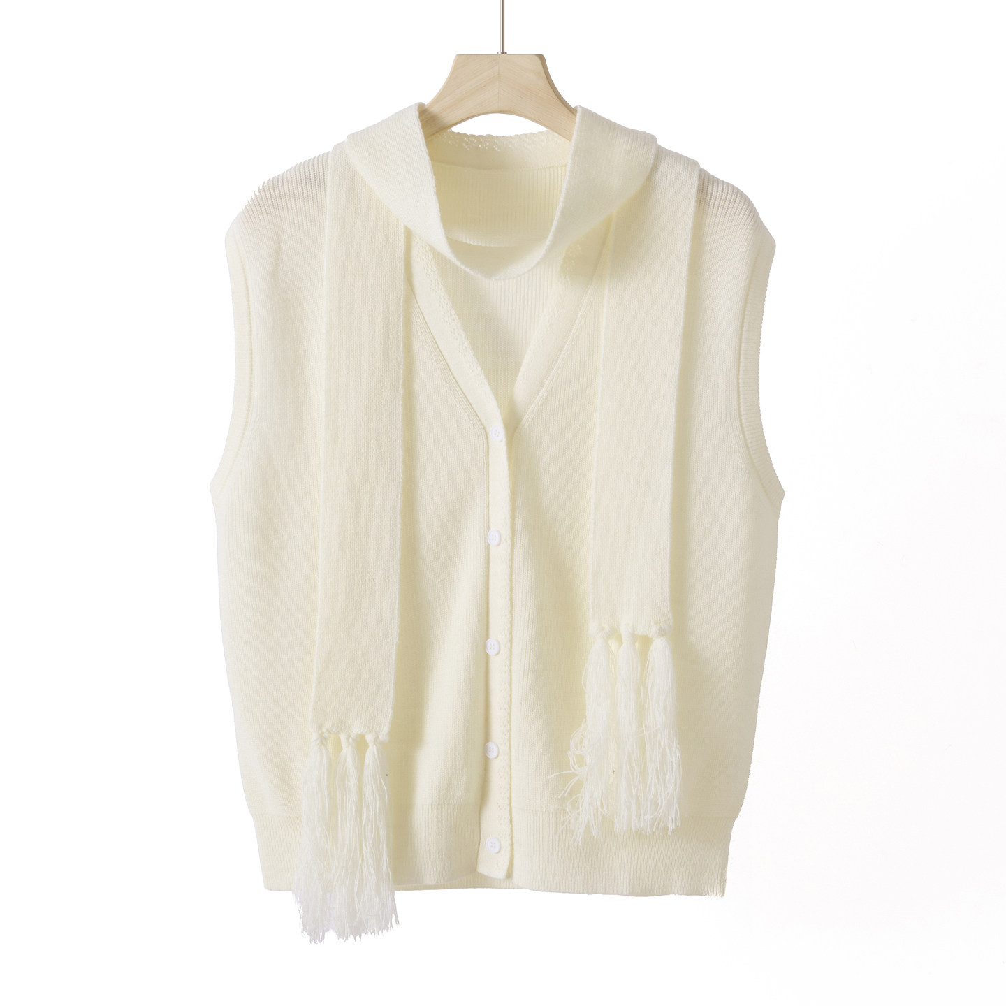 极简V领精纺羊毛针织马甲开衫女无袖流苏围巾两件套叠穿背心坎肩,女装/女士精品,马夹,淘宝优惠券,粉丝福利购,淘宝优惠卷