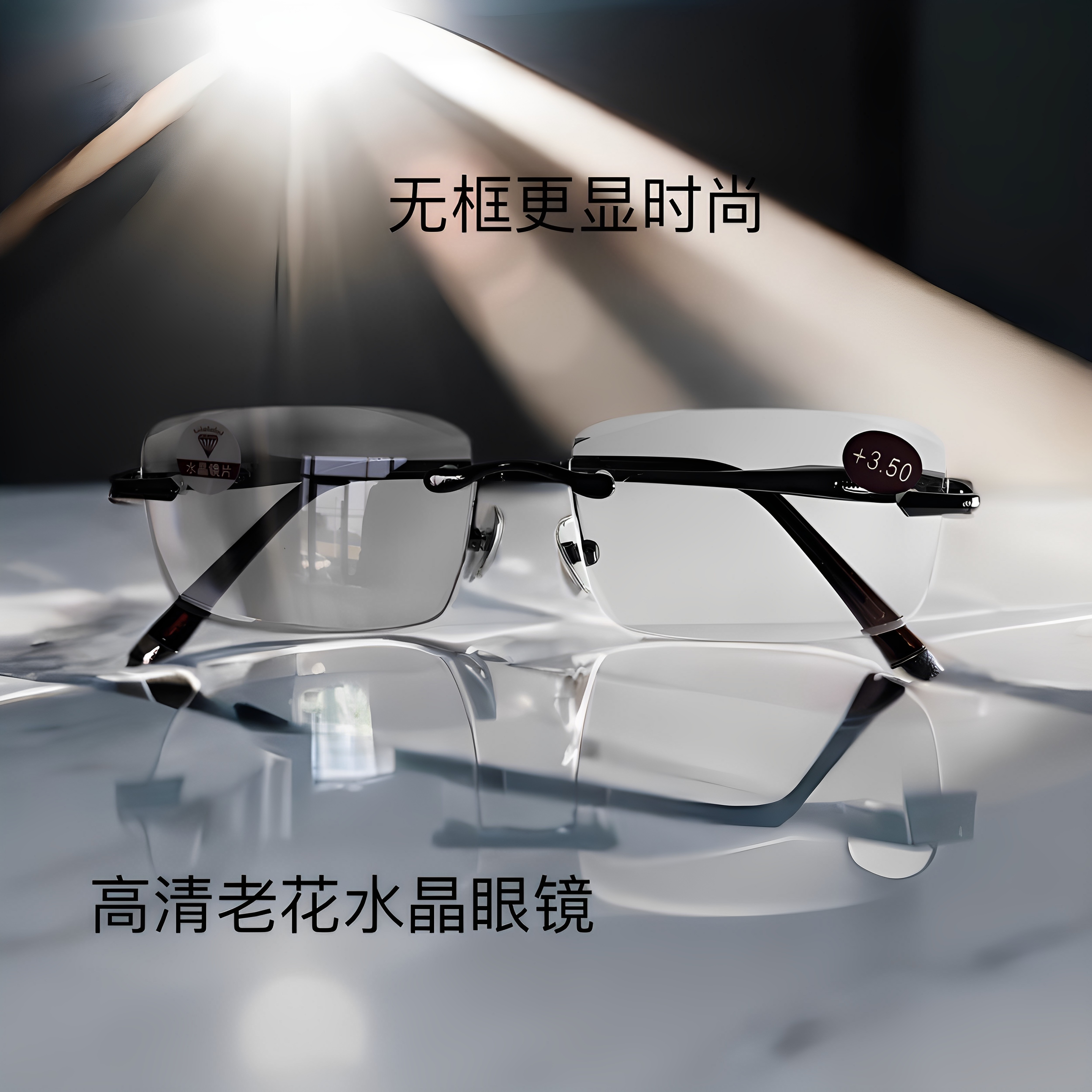 新款无框水晶老花镜时尚简约轻盈老老镜复古方R形阅读眼光男