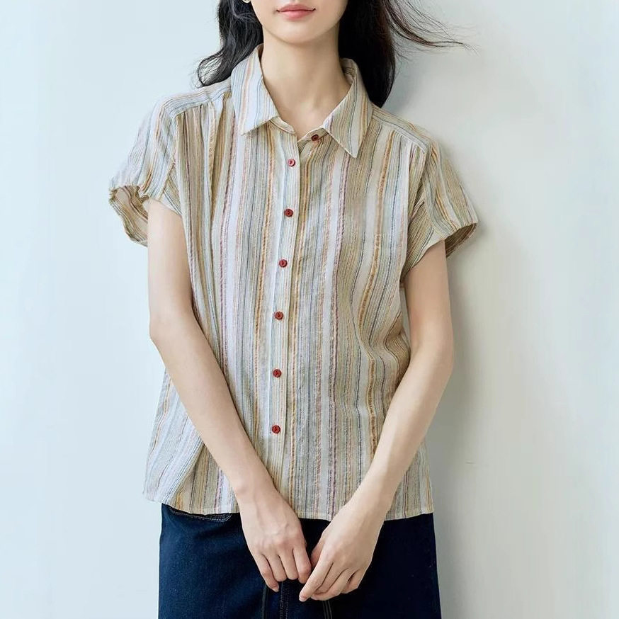 素媗人气单品~绣花彩色条纹短袖衬衫女25夏季时尚连袖百搭舒适