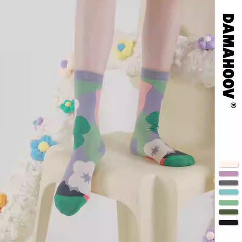 棉袜插画可爱花朵ins袜子中筒袜