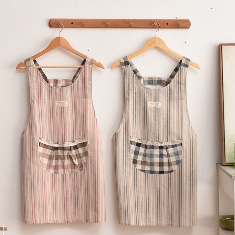 日系韩版棉麻布艺格子围裙家用厨房防油罩衣做饭围腰店服工作服