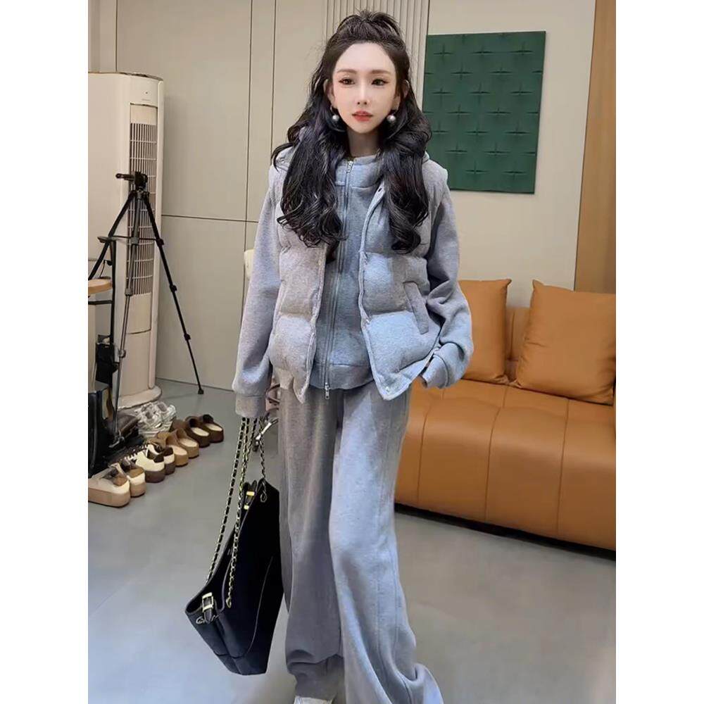 保暖加绒加厚卫衣卫裤棉马甲三件套2025秋冬季新款休闲运动套装女