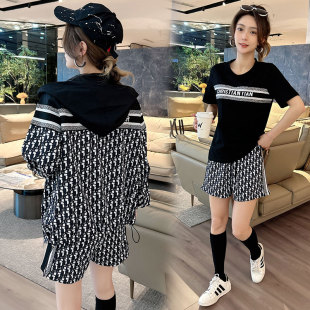 高级感夏新品时尚运动休闲两件套装女健身跑步服印花T恤阔腿短裤