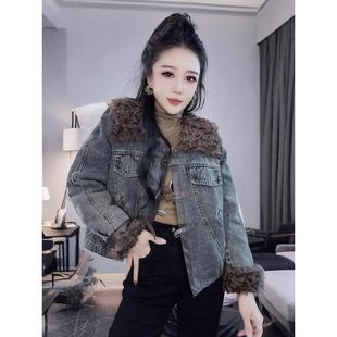 短款 牛仔羊羔毛外套女秋冬加棉厚保暖港风复古皮毛一体棉衣派克服