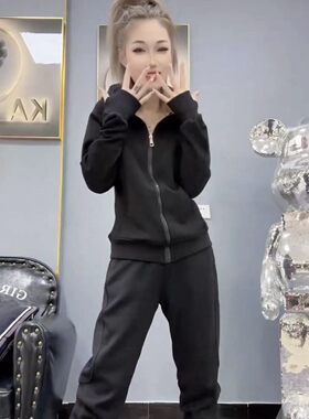 2025春秋新款韩版时尚休闲运动服套装女连帽拉链束脚九分裤两件套