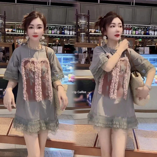 欧洲站2025新款韩版洋气蕾丝短袖中长款宽松T恤女夏时尚圆领卫衣