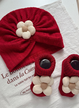 婴儿帽子袜子女宝宝花朵纱花套头帽新生儿护囟门胎帽印度帽红色