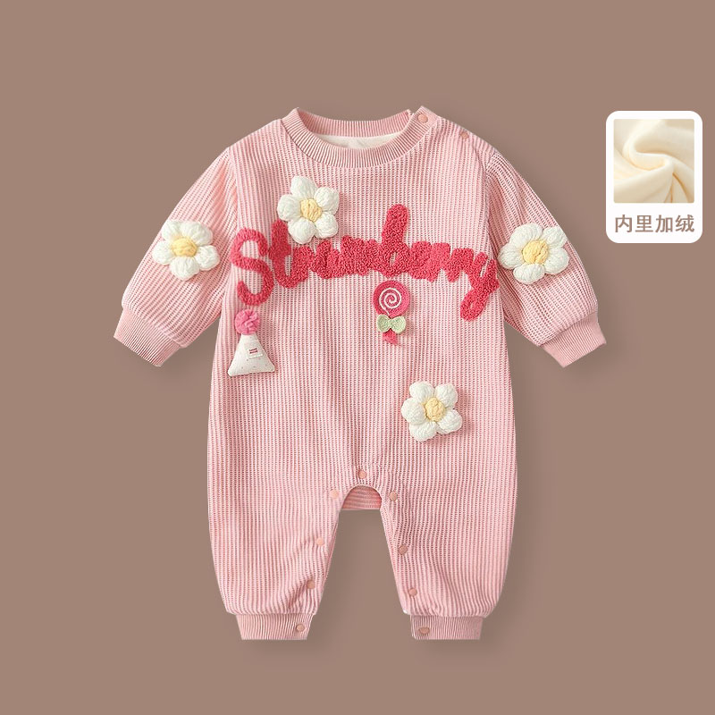 婴儿加绒连体衣秋冬装女宝宝甜美粉色卫衣立体花朵加厚公主哈衣冬