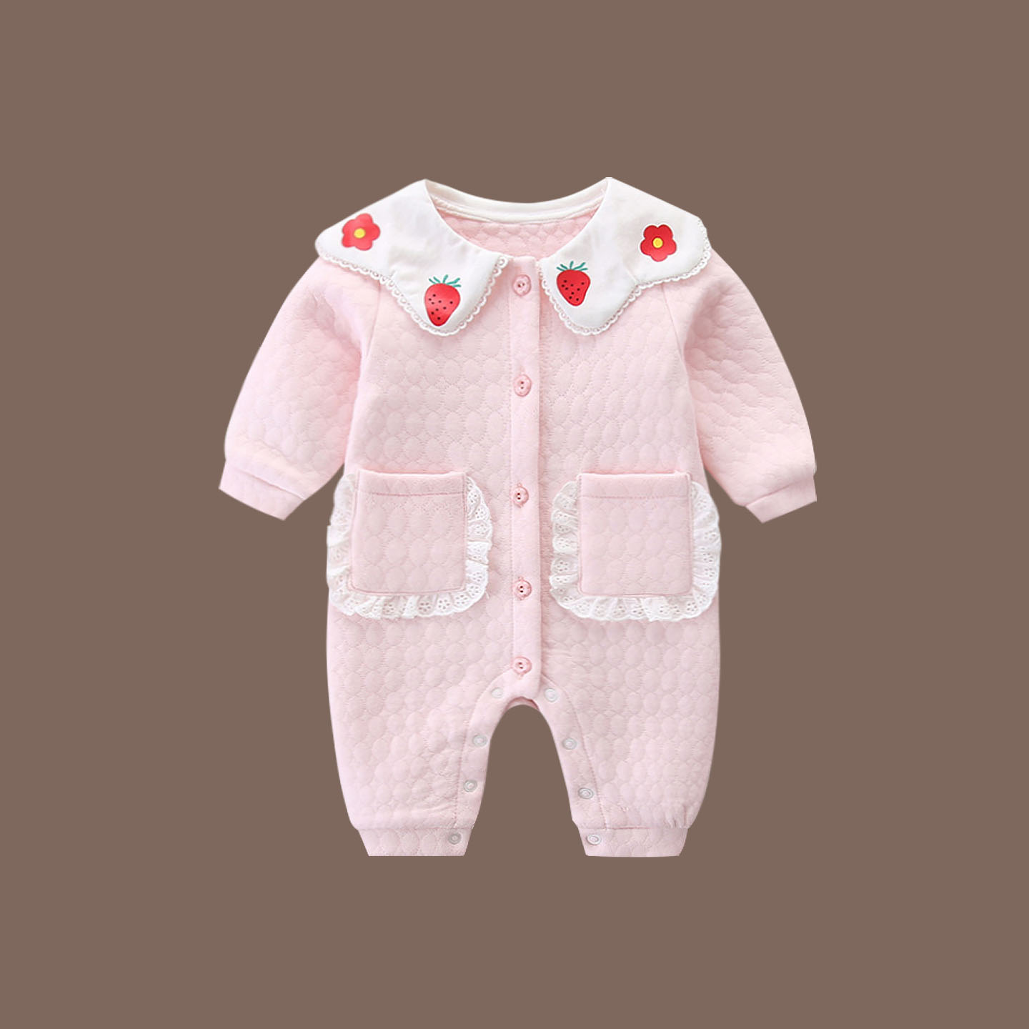 秋冬季婴儿连体衣新生女宝宝粉色长袖保暖哈衣公主翻领爬服外出服
