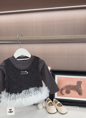 韩系女童波点拼接纱裙摆长袖上衣宝宝假两件上衣儿童打底衫内外穿