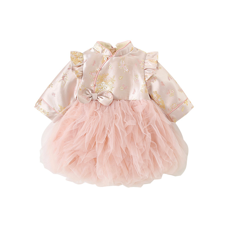 婴儿旗袍公主裙冬加绒女宝宝新中式蓬蓬裙汉服国风礼服裙新年拜年