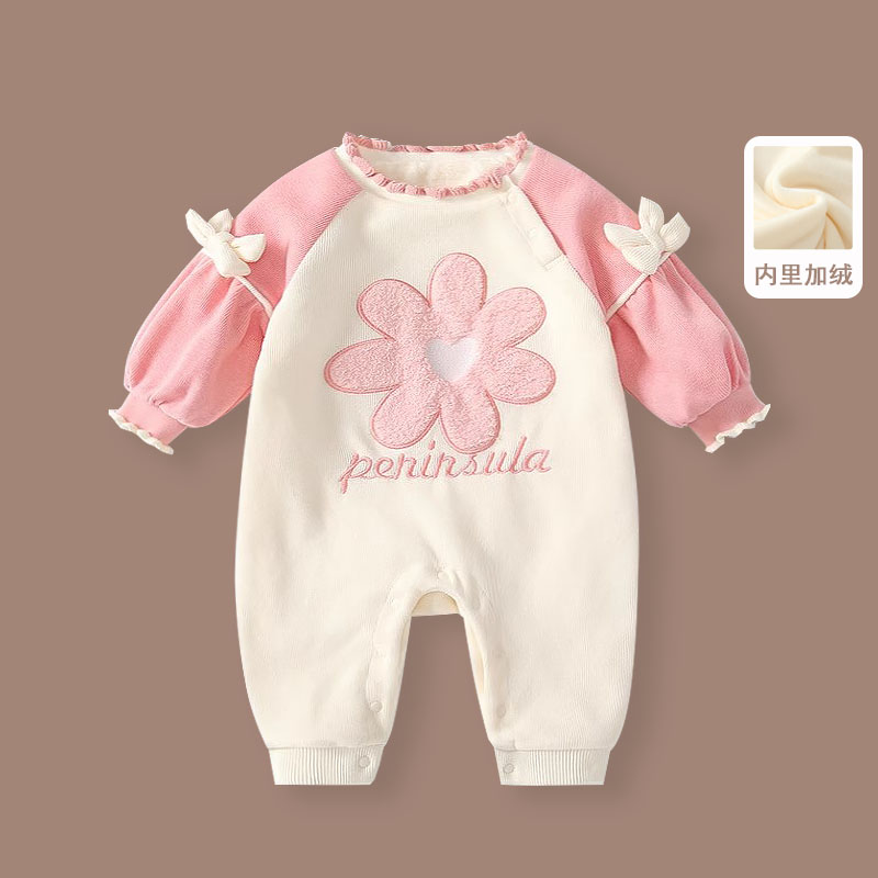 婴儿加绒连体衣秋冬装女宝宝可爱洋气卫衣加厚公主哈衣新生儿外穿