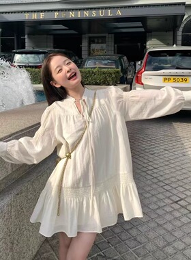 PEARL 法式复古气质长袖连衣裙小个子叠穿系带宽松V领娃娃裙