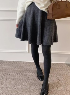 纯色针织短裙半身裙女新款秋冬款复古高腰显瘦加厚气质羊毛百褶裙