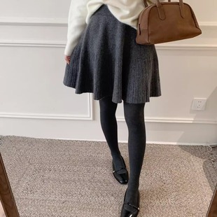 纯色针织短裙半身裙女新款 复古高腰显瘦加厚气质羊毛百褶裙 秋冬款