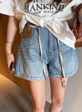 浅蓝色牛仔短裤女夏季薄款高腰抽绳弹力显瘦百搭开叉A字阔腿热裤