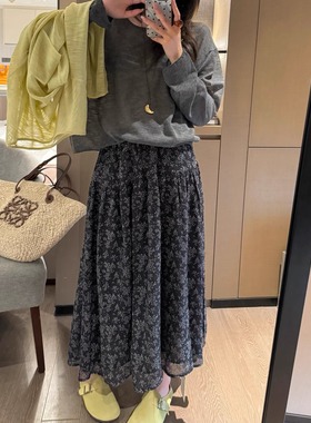 韩系碎花半身裙女春夏松紧腰显瘦印花半裙黑色a字伞裙2025新款