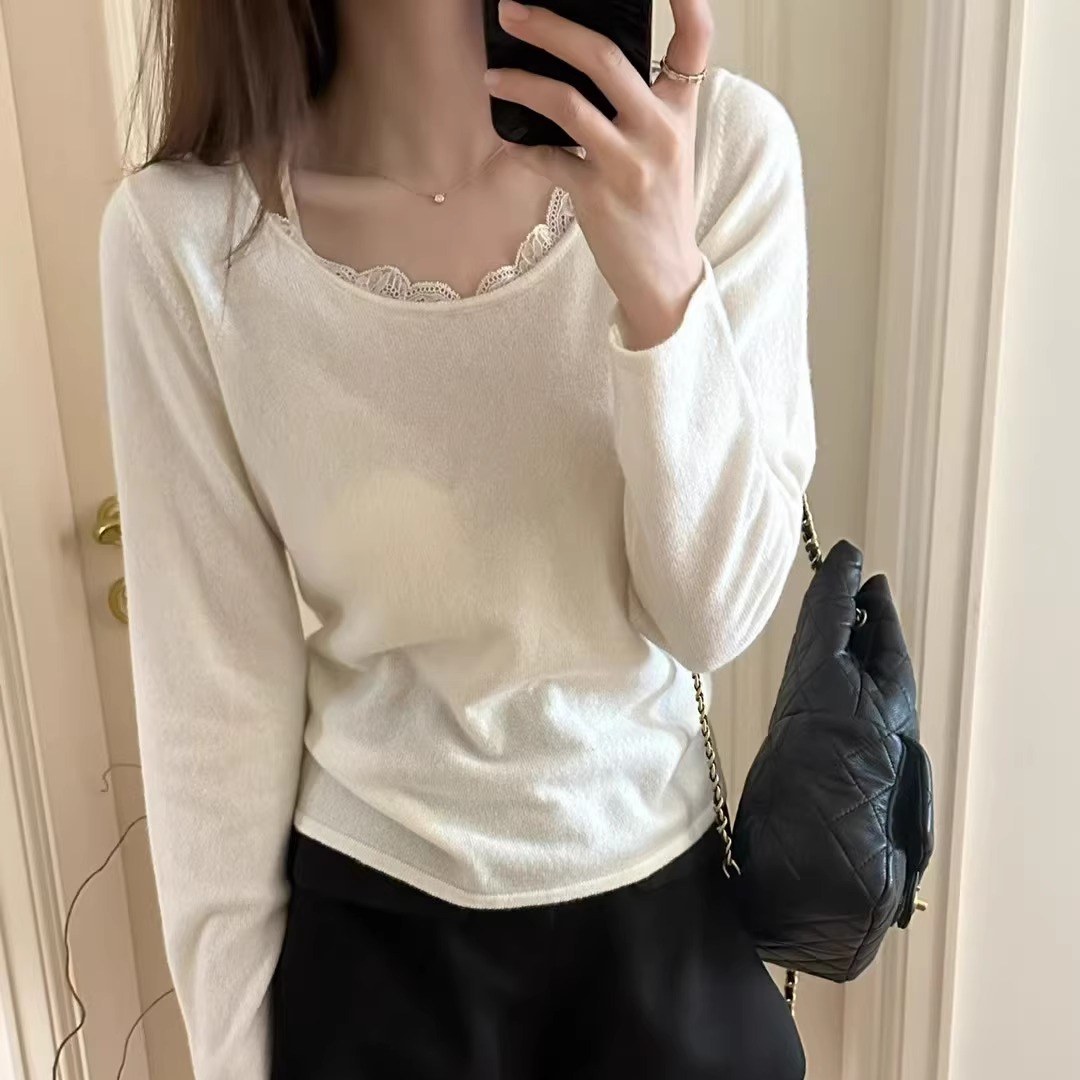秋冬洋气蕾丝针织衫羊毛打底衫