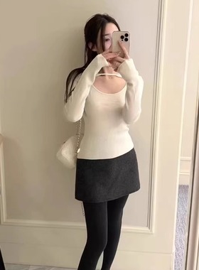 100%美利奴羊毛  高级感心机长袖针织衫女秋冬设计感内搭显瘦毛衣