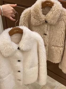 羊毛羊羔毛外套女冬季宽松气质小个子减龄毛毛保暖短外套