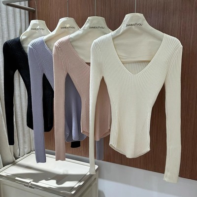 秋冬v领针织衫打底衫女修身显瘦