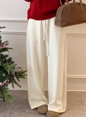 韩系秋冬白色加绒蚕丝阔腿裤女休闲百搭糯米裤羊绒裤直筒运动裤女