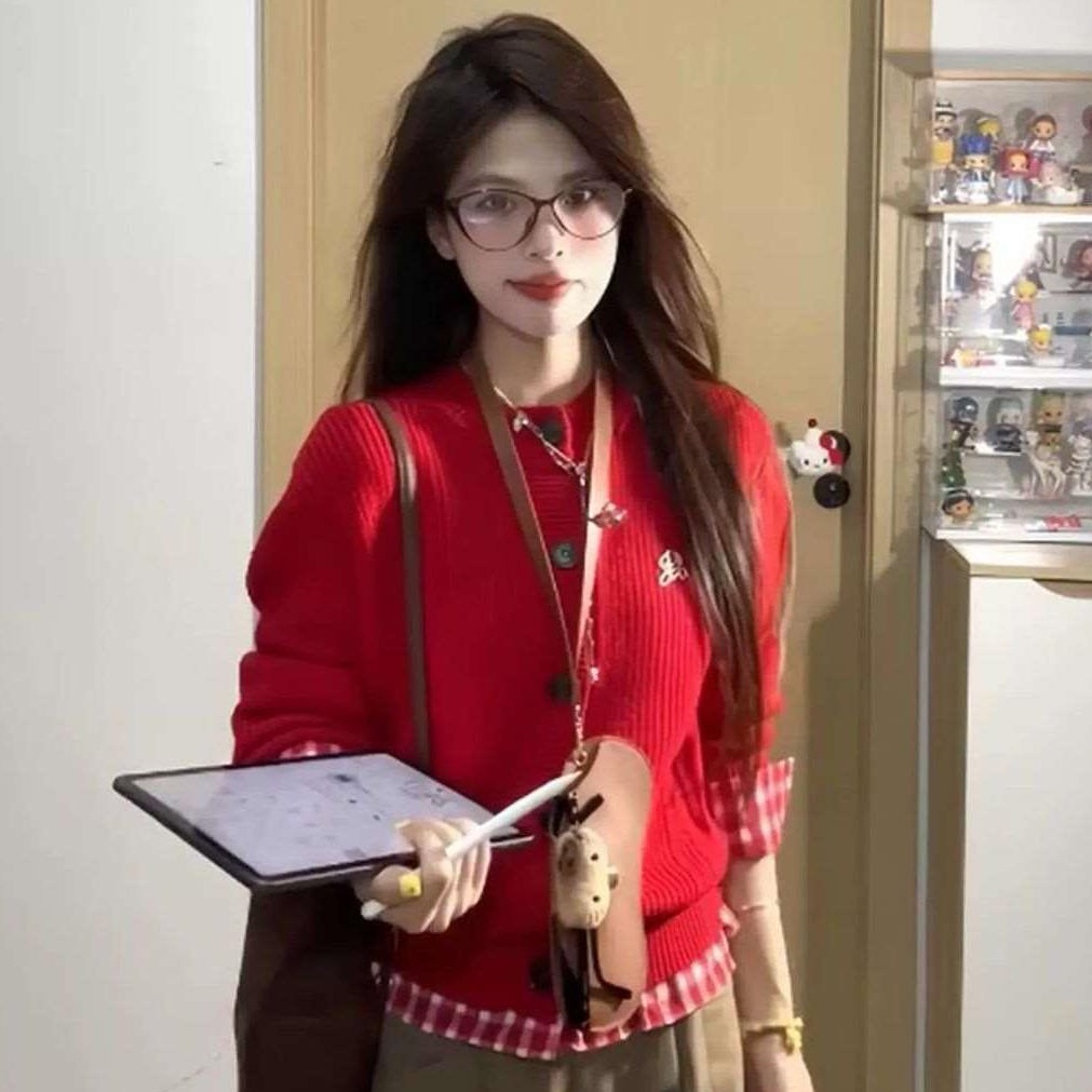 学院风减龄拼接格子下摆百搭上衣外套早秋少女感设计时尚针织开衫