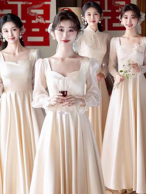 伴娘服高级感秋冬长袖香槟色缎面长袖平时可穿婚礼姐妹团礼服显瘦