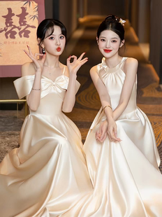 香槟色伴娘服2026新款高级感缎面小众感大码姐妹团礼服裙平时可穿