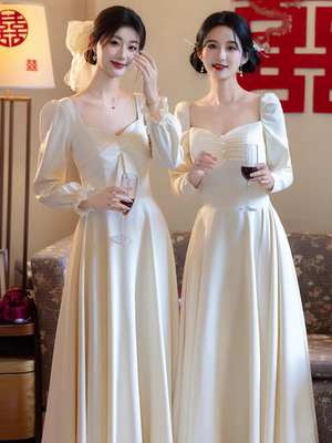 伴娘服礼服女2025新款婚礼姐妹团缎面伴娘裙长袖秋冬季轻奢高级感
