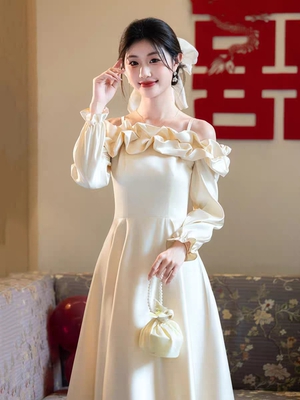 伴娘服冬装长袖缎面香槟色高级小众订婚成人礼女孩礼服裙平时可穿