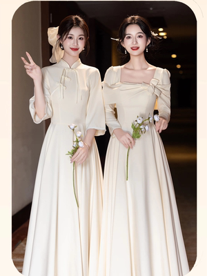 香槟色缎面伴娘服2025新款简约高级感姐妹团连衣裙修身显瘦礼服裙