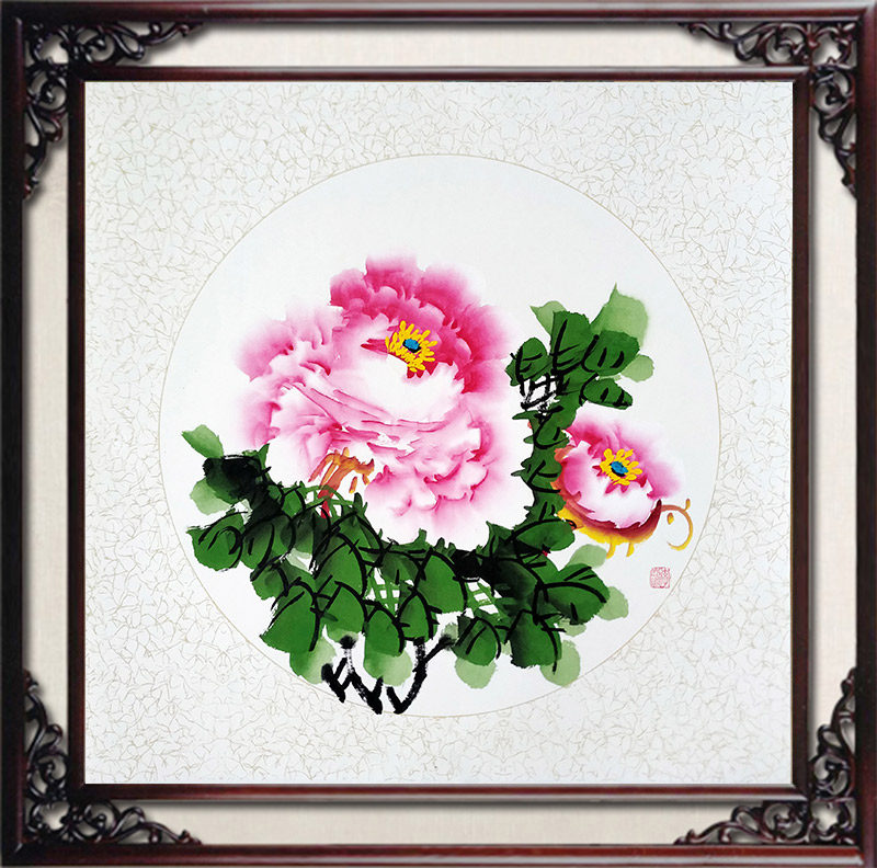 装饰画国画牡丹画纯手绘原稿真迹风水花鸟客厅玄关字挂画斗方带框