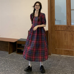 Real price waist show thin square collar bubble sleeve dress women's Retro Plaid A-line long skirt summer
