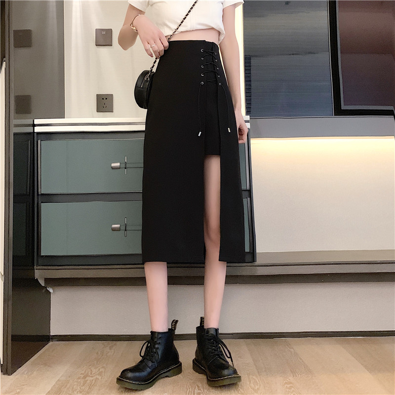 Korean irregular skirt bandage mid length A-line split skirt