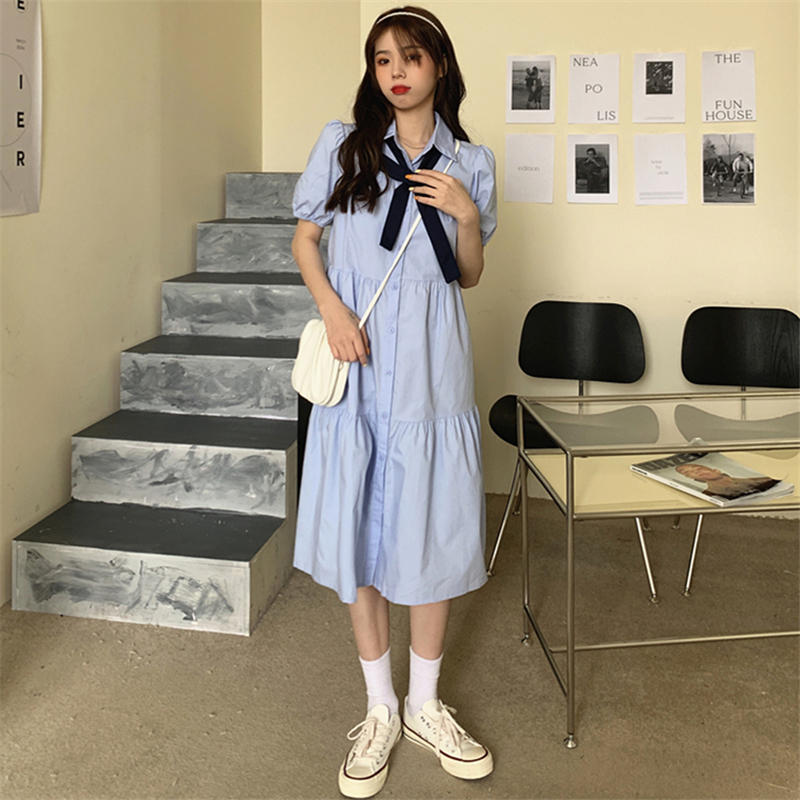 Real price blue shirt dress age reduction bubble sleeve loose medium length baby dress with bow tie