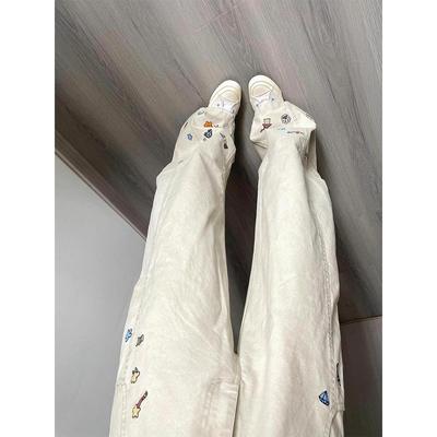 卡通刺绣直筒牛仔裤男款秋季美式微喇弯刀裤子高街vibe提裆工装裤