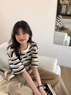 t恤女夏季 宽松遮肚子显瘦百搭上衣 港味chic甜美条纹圆领正肩短袖