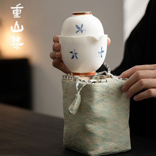 纯手绘蝴蝶兰花便携户外旅行茶具套装泡茶杯快客杯