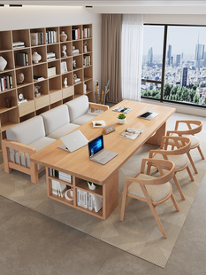 全实木大书桌书柜一体新中式家用工作台学习桌客厅双人原木长条桌