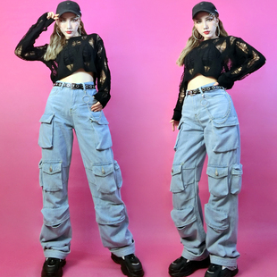 爵士跳舞服装jazz套装嘻哈街舞直筒多口袋牛仔裤黑色透视罩衫上衣
