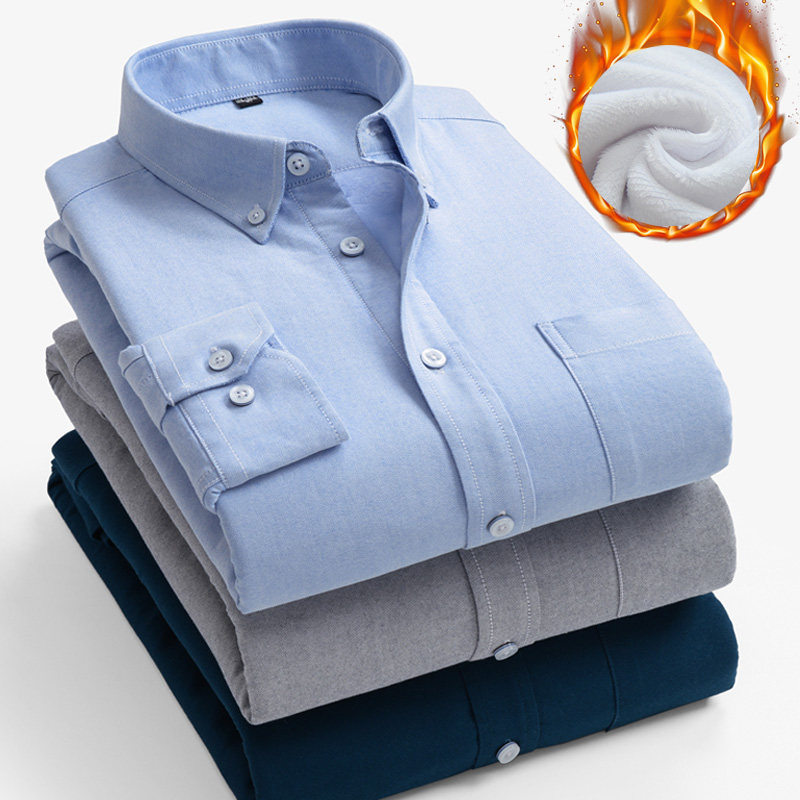 衬衫男加绒加厚保暖冬季修身商务休闲中青年牛津纺白色衬衣男长袖