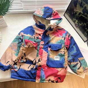 T童装秋冬款儿童加厚衣 泼墨炫彩男女童中大童拉链连帽袄外套